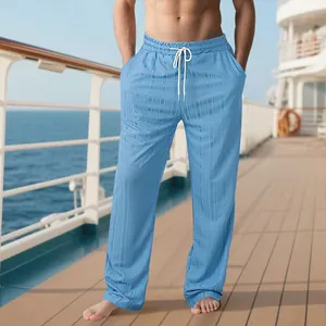 Pantalon décontracté bleu clair pour homme en aspect lin à carreaux pour la plage