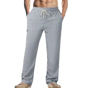 Pantalon décontracté gris pour homme effet lin avec cordon de serrage