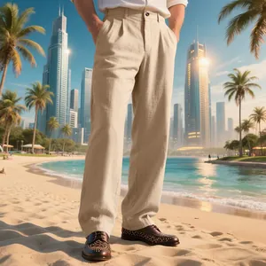Vue détaillée d'un pantalon décontracté en lin beige pour homme sur une plage.