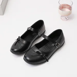 Girls French Retro Round Toe Mary Jane Shoes Black PU Leather Bow Flat Shoes School Daily Wear Children Parent-Child Shoes