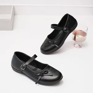 Elegant girls' vintage black round toe Mary Jane flat shoes with bow and buckle strap