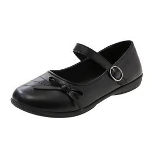 Girls' classic black Mary Jane flats with round toe and bow detail for autumn.