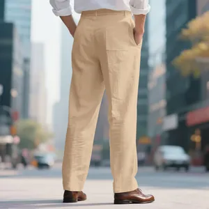 Vue arrière de pantalon en lin beige pour homme montrant la poche et la coupe