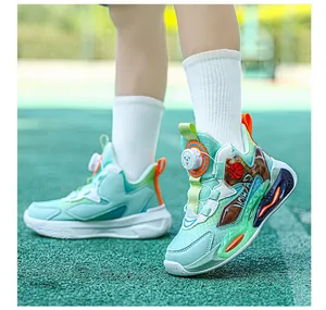 Detail view of kids basketball shoes featuring breathable mesh and rotary buckle system.