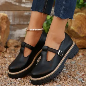 Zapatos Mary Jane Retro para Mujer Estilo Británico Punta Redonda Suela Gruesa Mocasines de Gamuza Sintética con Correa Hebilla