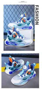 Detailed view of boys' basketball shoes with breathable mesh and quick rotary buckle.