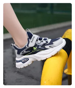 Breathable navy and grey mesh sports shoes for boys featuring Sulisi branding detail