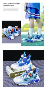 Close-up view of children's mesh basketball shoes featuring a rotary buckle closure