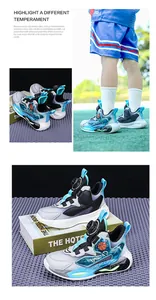 Detail view of the rotating buckle system and breathable mesh on kids' sneakers.