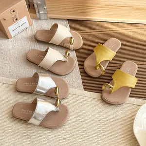 Fairy Style Flip Flops Women Summer Thick Sole Comfortable Beach Sandals With Golden Metal Ring Microfiber Leather Slippers