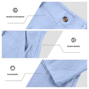 Détails de la taille, de la poche et de l'ourlet du pantalon en lin bleu pour homme.