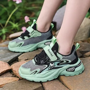 Breathable mint green boys' mesh sneakers with Velcro strap for active running