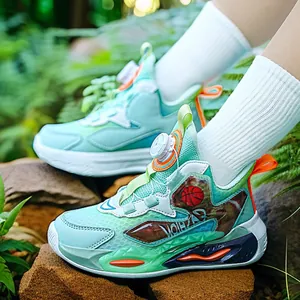 Children's mint green basketball shoes with breathable mesh and rotating buckle design