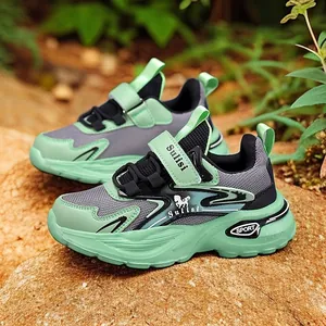 Comfortable green and grey breathable mesh running sneakers for boys with Velcro strap