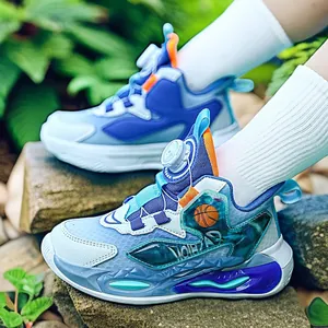 Boys' blue basketball shoes with rotating buckle and mesh upper for autumn sports