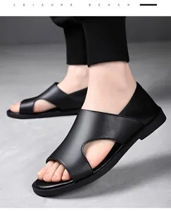 Detailed view of men's black leather leisure sandals with breathable cut-out design