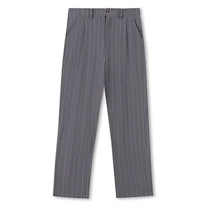 Detailed macro view of men's grey pinstriped straight leg breathable linen suit trousers
