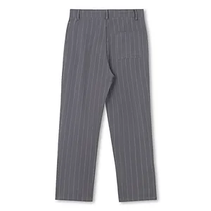 Detail of men's grey pinstripe linen straight trousers showing back view and pocket.