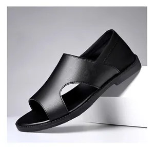 Detailed side view of comfortable men's breathable black leather leisure sandals