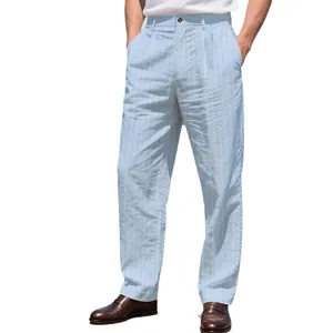 Men's light blue striped linen casual straight-leg trousers with relaxed fit design