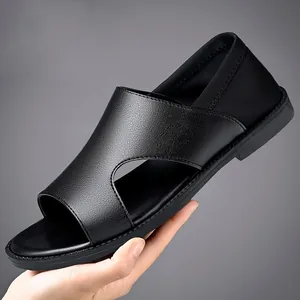 Men's breathable black leather sandals with soft non-slip sole for summer casual wear