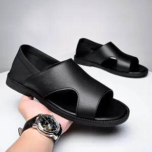 Comfortable men's breathable black leather sandals with non-slip soft sole for summer