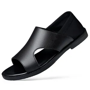 Breathable black leather sandals for men featuring comfortable soft sole for summer