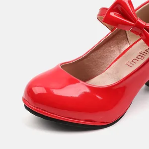 Chaussures de princesse en cuir verni rouge pour filles avec nœud élégant et bout rond