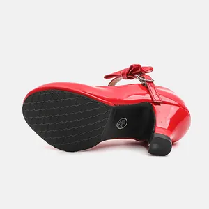 Chaussures de princesse en cuir verni rouge pour filles avec talon, nœud et semelle