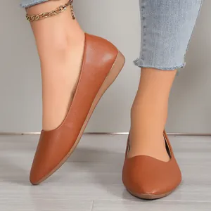 Detailed view of brown pointed-toe flat shoes featuring an elegant pebble-grain leather texture