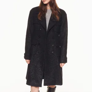 Elegant black long coat with textured finish and unique decorative enamel buttons for women