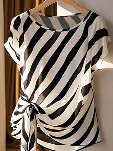 Women Plus Size Elegant Diagonal Stripe Pullover Top Fashion Side Tie Round Neck Short Sleeve Polyester Blouse For Everyday