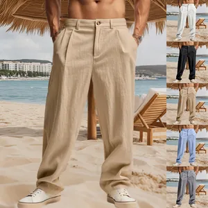 Premium men's loose linen straight-leg casual trousers shown in several beach colors