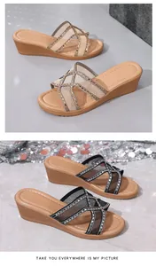Detailed showcase of summer rhinestone wedge sandals featuring beige and black mesh styles