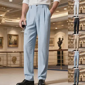 Men Business Casual Linen Pants Striped Breathable Loose Straight Leg Trousers Bottom For Vacation Resort Fashion