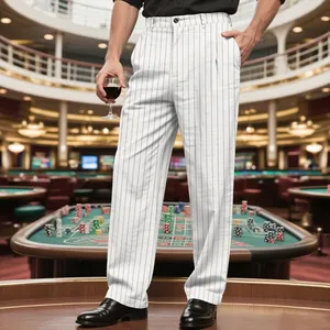 Classic men's white linen pinstripe trousers in a relaxed straight fit for casual wear