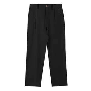 Vue complète du pantalon décontracté en lin noir pour homme, coupe droite, à plat.
