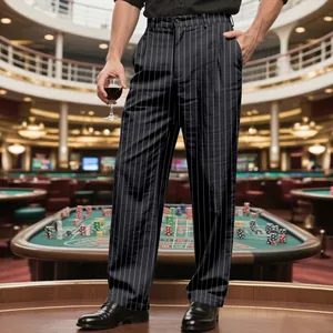 Detailed view showing the texture of men's striped linen suit trousers in a casino lounge