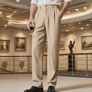 Men's vertical striped khaki linen blend relaxed fit straight-leg casual trousers