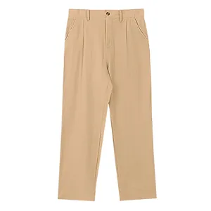 Vue de face du pantalon décontracté en lin pour homme coupe droite couleur kaki été