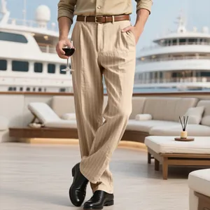 Breathable beige linen striped trousers for men in a luxury nautical yacht lifestyle setting