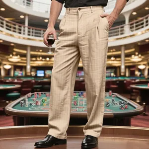 Detail view of men's beige pinstripe linen trousers in a luxury casino setting