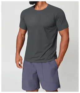 Close-up of men's charcoal grey athletic T-shirt showing fabric texture and fit