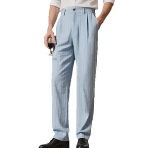 Comfortable men's casual light blue striped linen trousers with a loose straight-leg fit