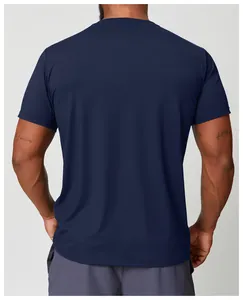Close-up detail of the back view of a navy blue quick-dry athletic sports t-shirt for men