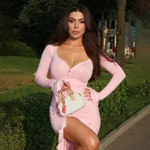 Sexy pink slim-fit long-sleeve V-neck dress with ruffle cuffs and high side slit