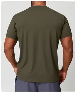 Back view of men's olive green quick-dry sports t-shirt showing fit and fabric texture