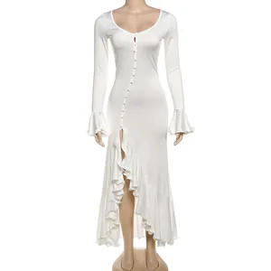 Elegant white slim fit maxi dress with long ruffle sleeves and high slit detail
