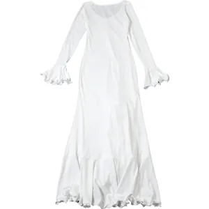 Elegant white long-sleeved dress featuring flared ruffled cuffs and flowing fishtail hem