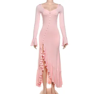 Detail of the pink V-neck ruffled long-sleeve dress with a stylish side slit design